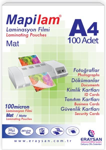 Mat Laminasyon Film, A4, 100 Mikron, Yüksek Kaliteli Koruma ve Şeffaflık Sağlar.