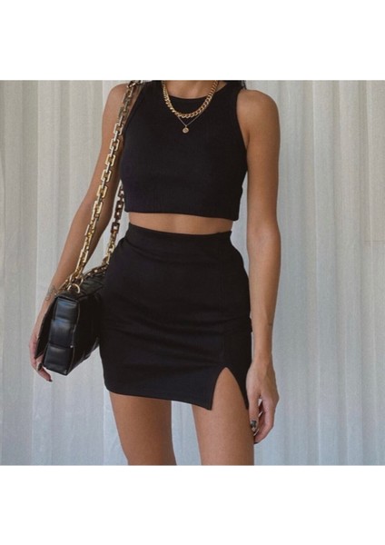Kadın Siyah Mini Yırtmaçlı Etek fiyatları