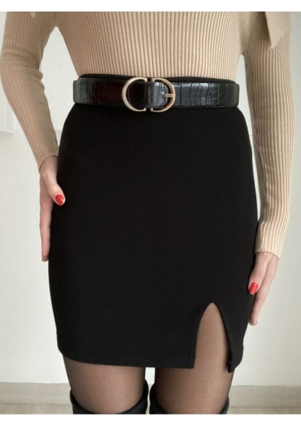 Kadın Siyah Mini Yırtmaçlı Etek fırsatları