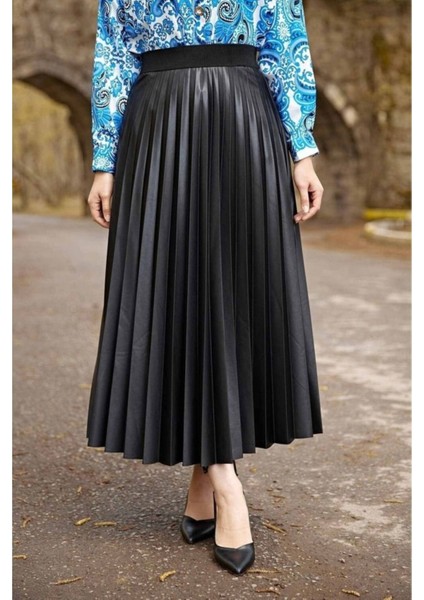 Deri Görünümlü Pr Şevval Piliseli Etek - Siyah