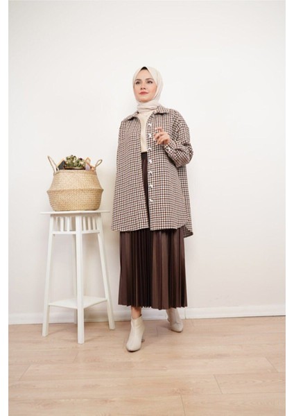 Kadın Deri Görünümlü Piliseli Etek Kahverengi Renk Yeni Sezon fırsatları