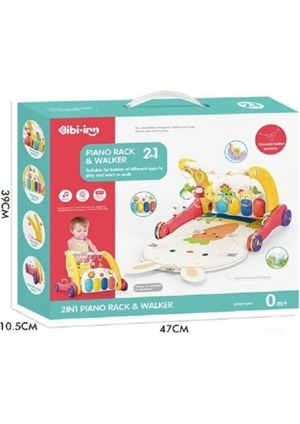 BIB6016- Vardem Piyanolu Bebek Yürüteci ve Tavşan Desenli Kırmızı Oyun Halısı 2 In 1