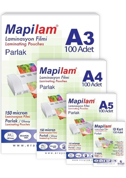 150 Mikron A5 Parlak Polyester Laminasyon Filmi, 100'LÜ Set