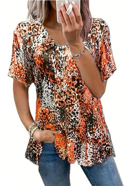 Kadın V Yaka Renkli Leopar Desen Büzgü Detay Süprem Bluz