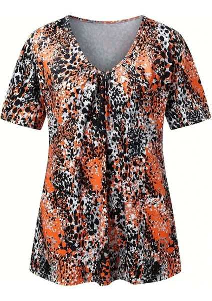 Kadın V Yaka Renkli Leopar Desen Büzgü Detay Süprem Bluz fırsatları