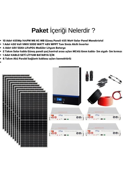 Güneş Enerjisi Solar Paketi Vmııı 5 kva Mppt Inverter 455 Watt Güneş Paneli 48V 50 Amper Lityum Akü modelleri