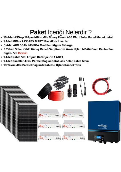 Güneş Enerjisi Solar Paketi 7.2 kva Inverter 455 Watt Güneş Paneli 48V 50 Amper Lityum Akü modelleri