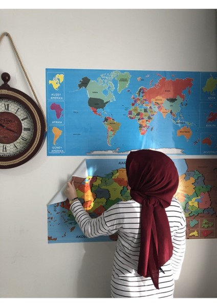 Çocuklar Için Eğitici Türkiye ve Dünya Haritası Seti 118X56 Cm, Duvar Dekoru