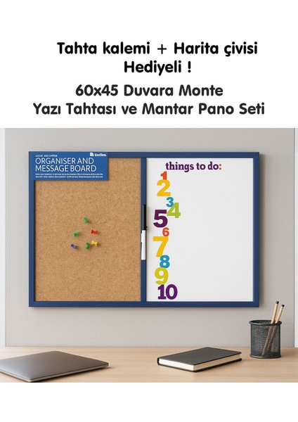 60X45 Duvara Monte Mantar Pano ve Yazı Tahtası Seti, Harita Çivisi ve Kalem Hediyeli