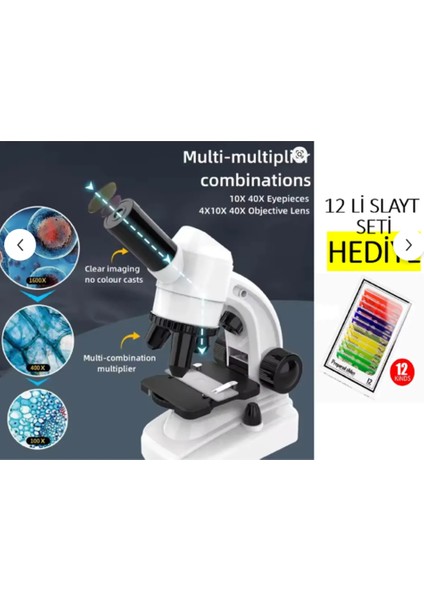 1600X Mobil Uyumlu Telefon Tutuculu 2 LED Işıklı Aksesuarlı 12'li Örnek Seti Hediyeli Mikroskop Seti indirimleri