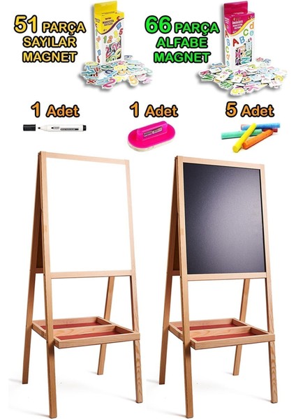 Turkuaz Ahşap Çocuk Yazı Tahtası, Manyetik ve Gerçek Metal Yüzeyli Set