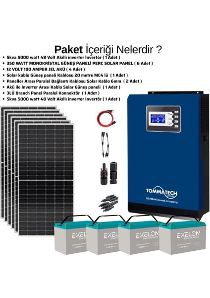 Güneş Enerjisi Bağ Evi Solar Paketi 5 kva Inverter 340W Güneş Paneli 100 Ah Jel Akü modelleri