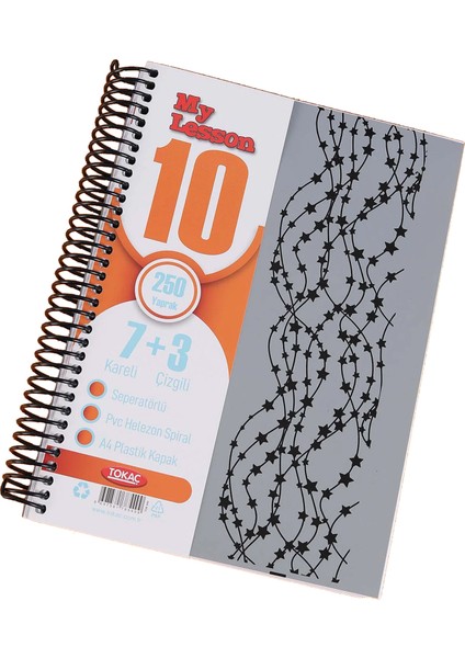Tokaç My Lesson Plastik Kapak A4 7+3 250 Yaprak Spiralli 10 Bölmeli Ayraçlı Kareli Çizgili Defter TOK940