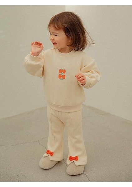 Kız Çocuk Pamuklu Bej Turuncu Fiyonk Detaylı Eşofman Takımı