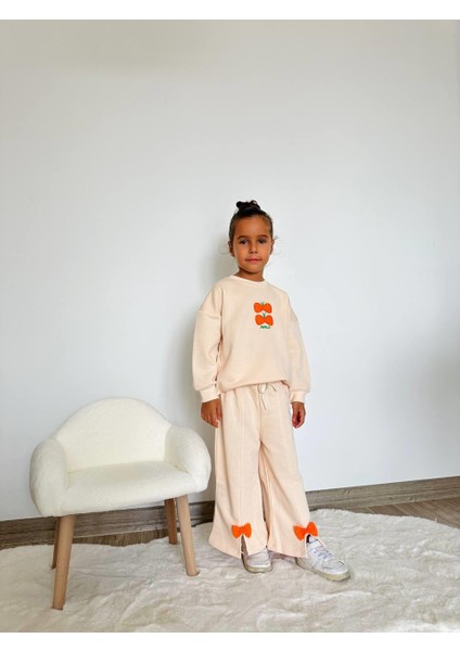 Kız Çocuk Pamuklu Bej Turuncu Fiyonk Detaylı Eşofman Takımı fiyatları