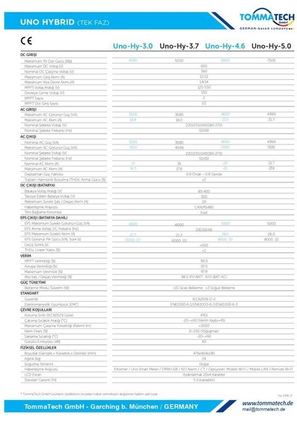 Uno Hybrid 5.0kW Tek Faz İnverter modelleri