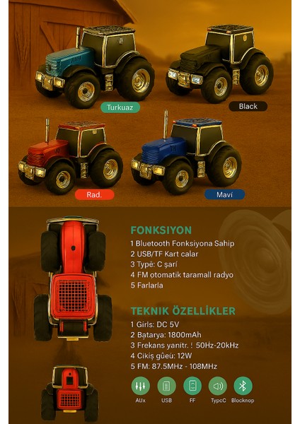 WS560 Bluetooth Hoparlör – Nostaljik Traktör Tasarımıyla Tws, Fm, Usb, Sd Kart! fiyatları