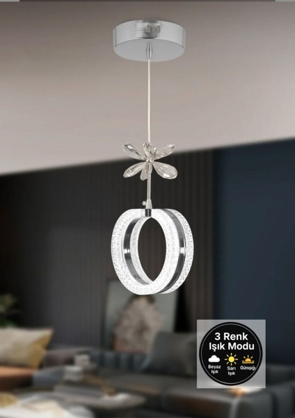 Aurea Model Gümüş 3 Renk Modu Ledli Kristal Taşlı Modern Salon Mutfak Oturma Odası Sarkıt LED Avize