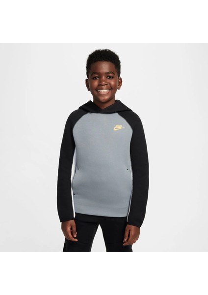 Erkek Çocuk Tech Fleece Kapüşonlu Sweatshirt - Gri Siyah Beyaz , Kanguru Cepli - FD3291-065