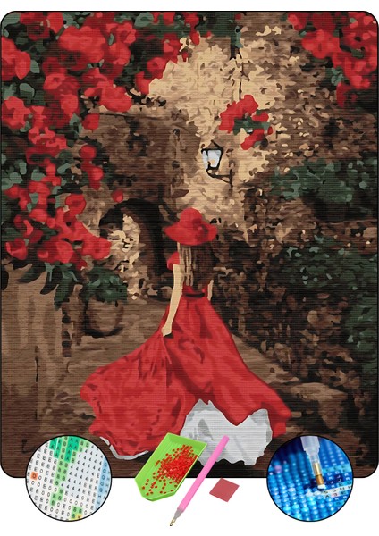5d Elmas Boyama Seti – kırmızı Elbiseli Kadın | 40X50 cm - Tuvale Gerili Diamond Painting Sayılarla Boyama Elmas Mozaik Tablo