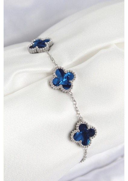 316L Çelik Sedefli Lacivert Gümüş Renk Yonca Kadın Bileklik