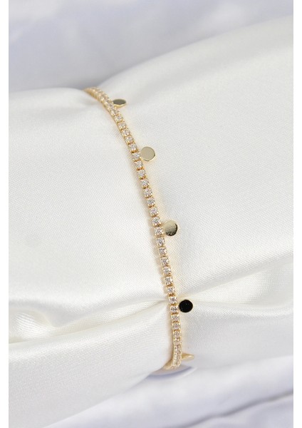 Pirinç Zirkon Taşlı Ezme Zincirli Sıralı Model Gold Renk Kadın Bilekilk