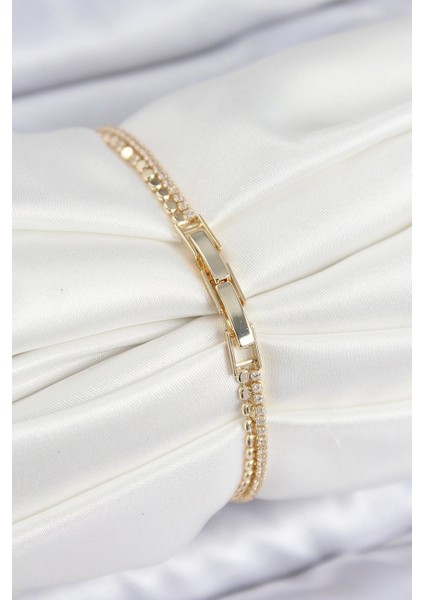 Pirinç Zirkon Taşlı Ezme Zincirli Sıralı Model Gold Renk Kadın Bilekilk fiyatları