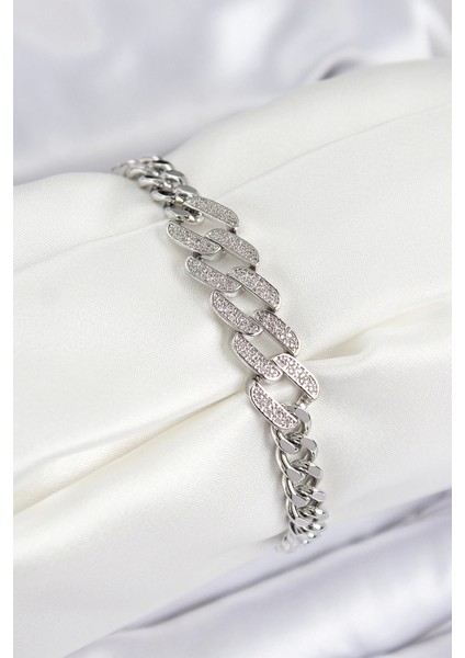 Pirinç Zirkon Taşlı Ezme Küba Zincir Model Gümüş Renk Kadın Bileklik