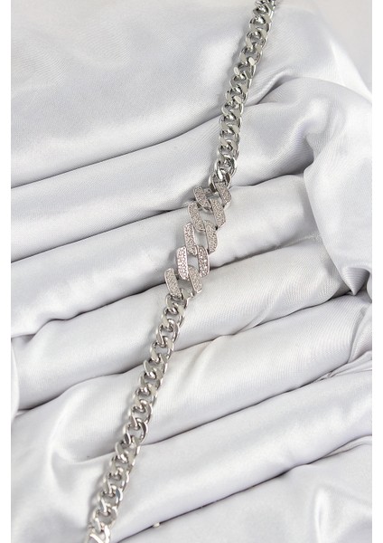 Pirinç Zirkon Taşlı Ezme Küba Zincir Model Gümüş Renk Kadın Bileklik fiyatları