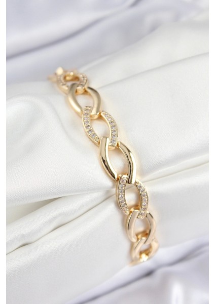 Pirinç Zirkon Taşlı Zincir Model Gold Renk Kadın Bileklik