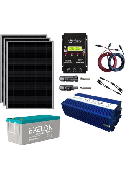 Alpex Güneş Enerjisi Bağ Evi Solar Paketi 1000W Tam İnverter 250W 12V Güneş Paneli 200Ah Jel Akü