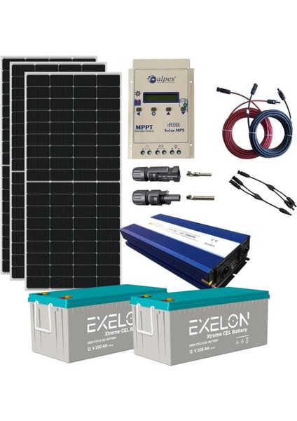 Alpex Güneş Enerjisi Bağ Evi Solar Paketi 3000W 24V Tam Sinus İnverter 285W 24V Güneş Paneli 200Ah 12V Jel Akü