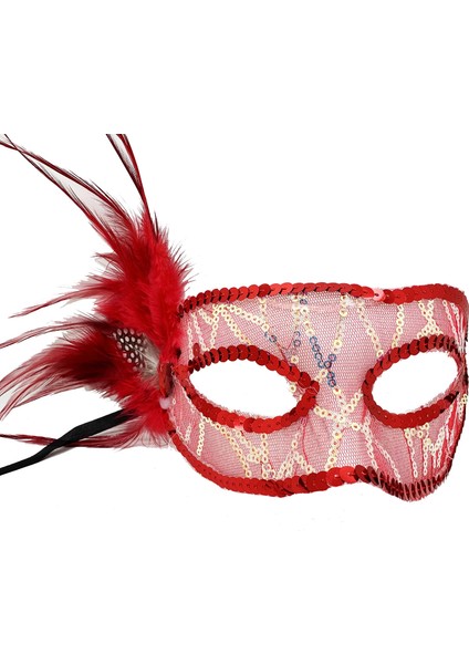 Kırmızı Yandan Tüylü Payetli Parti Maskesi