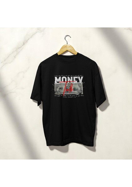 Erkek Siyah Oversize Money Baskılı Tişört
