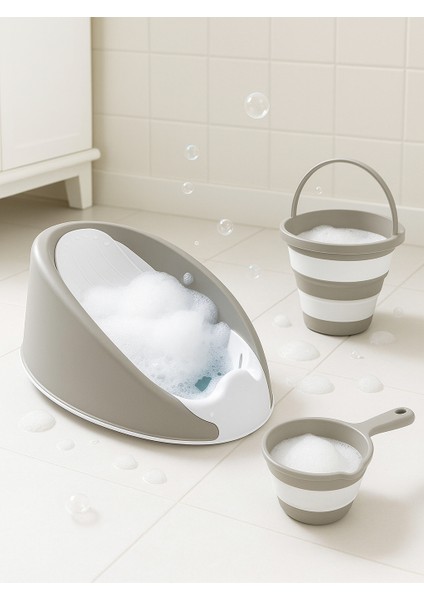 3’lü Bebek Banyo Seti - Yumuşak Gövdeli Bebek Banyo Desteği, Katlanabilir Kova ve Maşrapa Set
