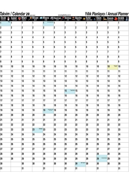 Manyetik ve Tekrar Kullanılabilir Yıllık Planlayıcı, Beyaz Renk modelleri
