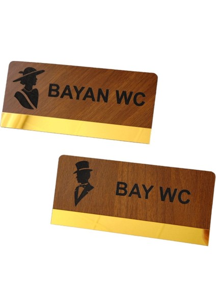 Ikili Ahşap ve Pleksi Bay Wc Kapı Isimliği, Dekoratif Tabelalı Set