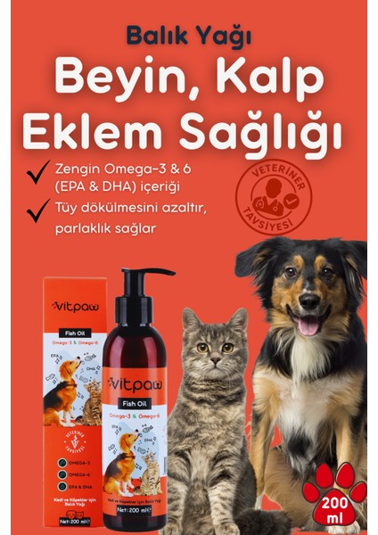 Balık Yağı 200 ml | Kedi ve Köpek İçin Yüksek DHA/EPA Omega 3 ve Omega 6 | Tüy Parlaklığı, Eklem ve Kalp Sağlığı Desteği | Sıvı Form