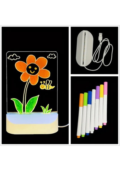 7 Kalemli Memo Tahtası, LED Gece Lambası ve USB Mesaj Tahtası, Şık ve Kullanışlı Hediye