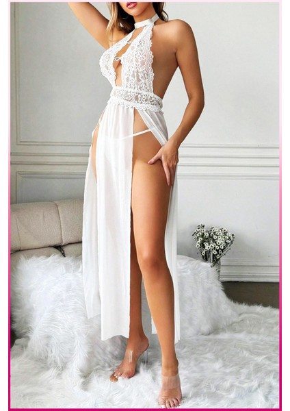 Beyaz Kalp Aksesuarlı Tül Etekli Kadın Seksi Gecelik modelleri