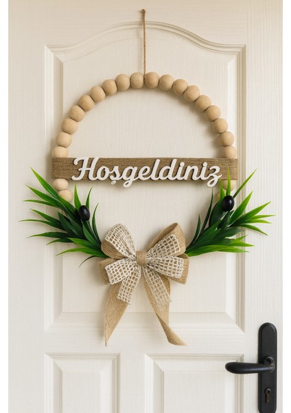 Doğal Ahşap Boncuklu Zeytin Dalı Bohem Özel Tasarım Kapı Süsü Dekor (28 Cm)