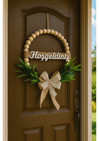 Doğal Ahşap Boncuklu Zeytin Dalı Bohem Özel Tasarım Kapı Süsü Dekor (28 Cm) fiyatları