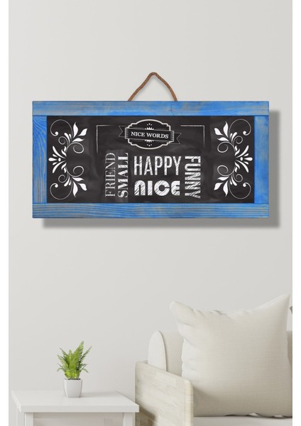 Yatay Ahşap Yazı Tahtası, Duvar Dekoru, 60X30 Cm, Mavi