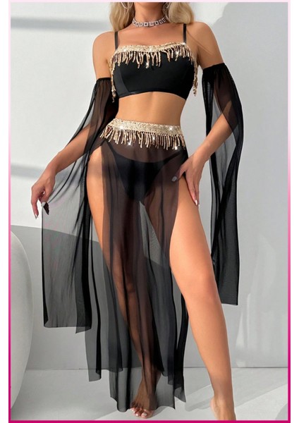 Siyah Pul Aksesuarlı Tül Etekli Kadın Seksi Gecelik