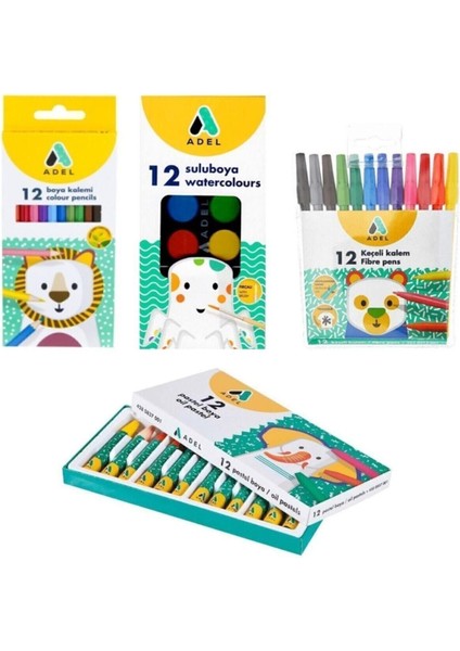 4'lü Boya Kırtasiye Seti, Kuru, Sulu, Pastel ve Keçeli Boya Seçenekleri