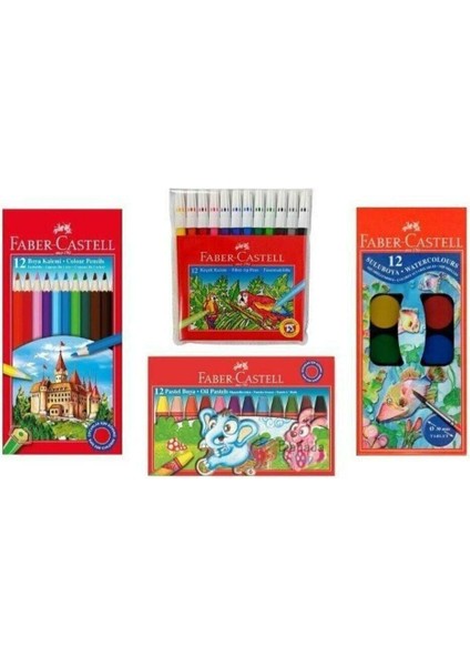 Renkli 4'lü Boya Seti, 12’li Kuru, Suluboya, Pastel ve Keçeli Boya Paketi