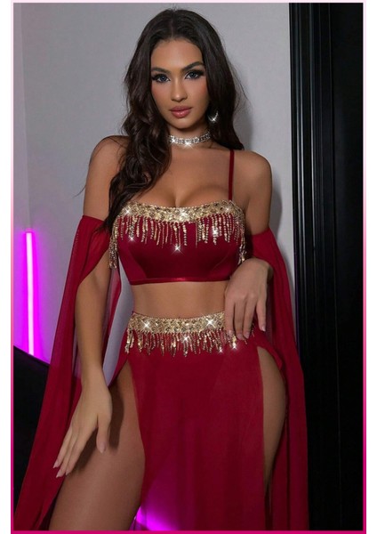 Bordo Pul Aksesuarlı Tül Etekli Kadın Seksi Dansöz Kıyafeti fiyatları