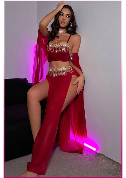 Bordo Pul Aksesuarlı Tül Etekli Kadın Seksi Dansöz Kıyafeti modelleri