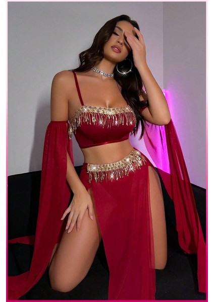 Bordo Pul Aksesuarlı Tül Etekli Kadın Seksi Dansöz Kıyafeti