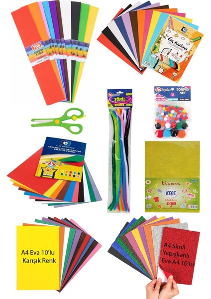 Renkli Elişi Seti, Simli Eva, Karton, Makas ve Ponpon ile Eğlenceli Etkinlik